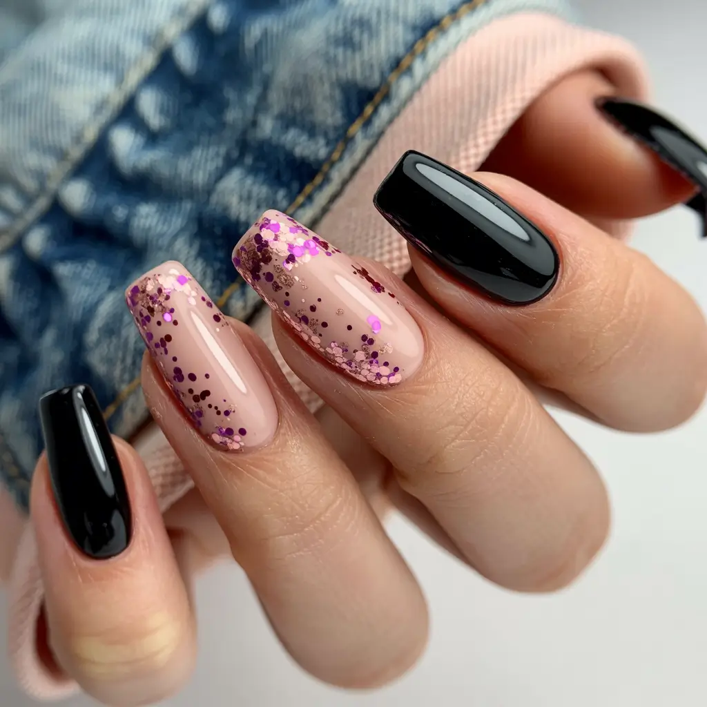 fun birthday nails 2026 Black and Magenta Glitter Mix for a Bolder Birthday Energy