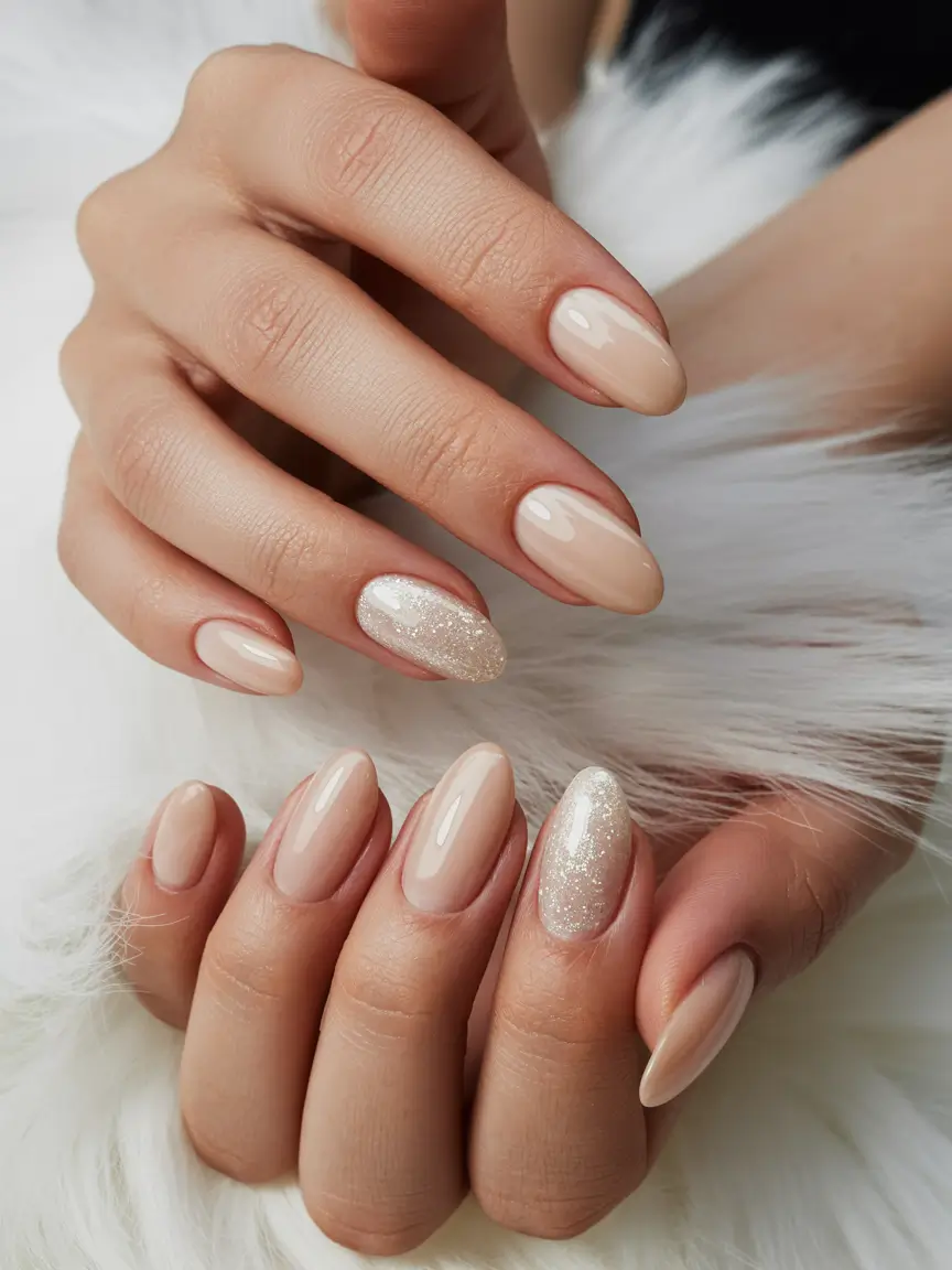 fun birthday nails 2026 Soft Nude Almond Nails with a Champagne Accent