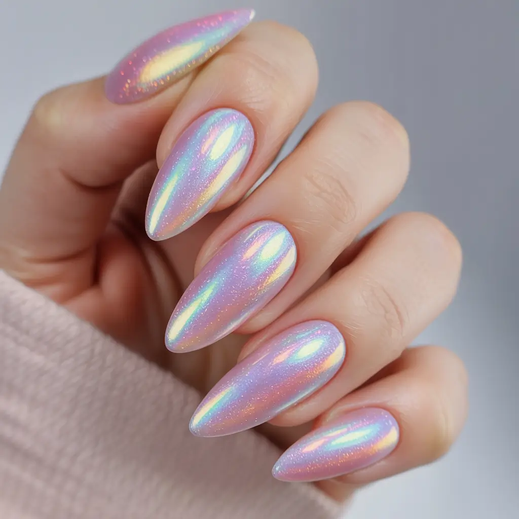 fun birthday nails 2026 Holographic Pearl Chrome for a Futuristic Birthday Shine