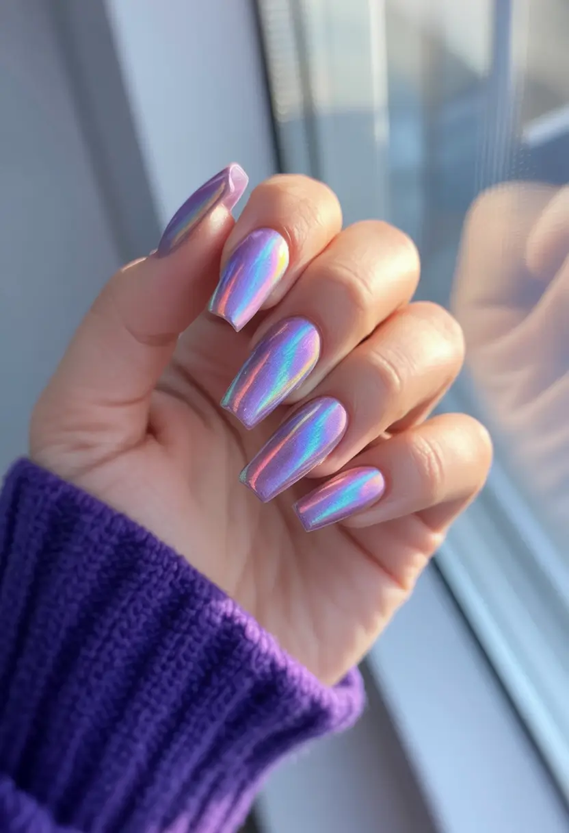 fun birthday nails 2026 Lavender Chrome Square Nails with a High Gloss Finish