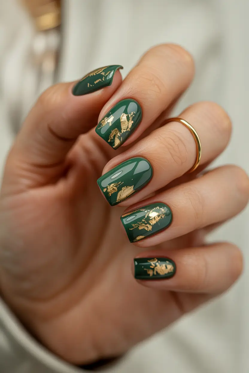 green nails 2026 Evergreen Gold Leaf Elegance