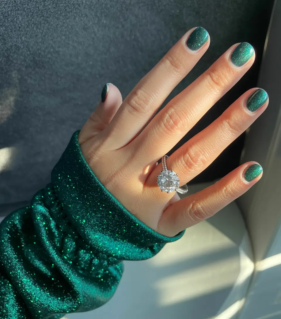 green nails 2026 Shimmer Green Short Nails With a Soft Glow