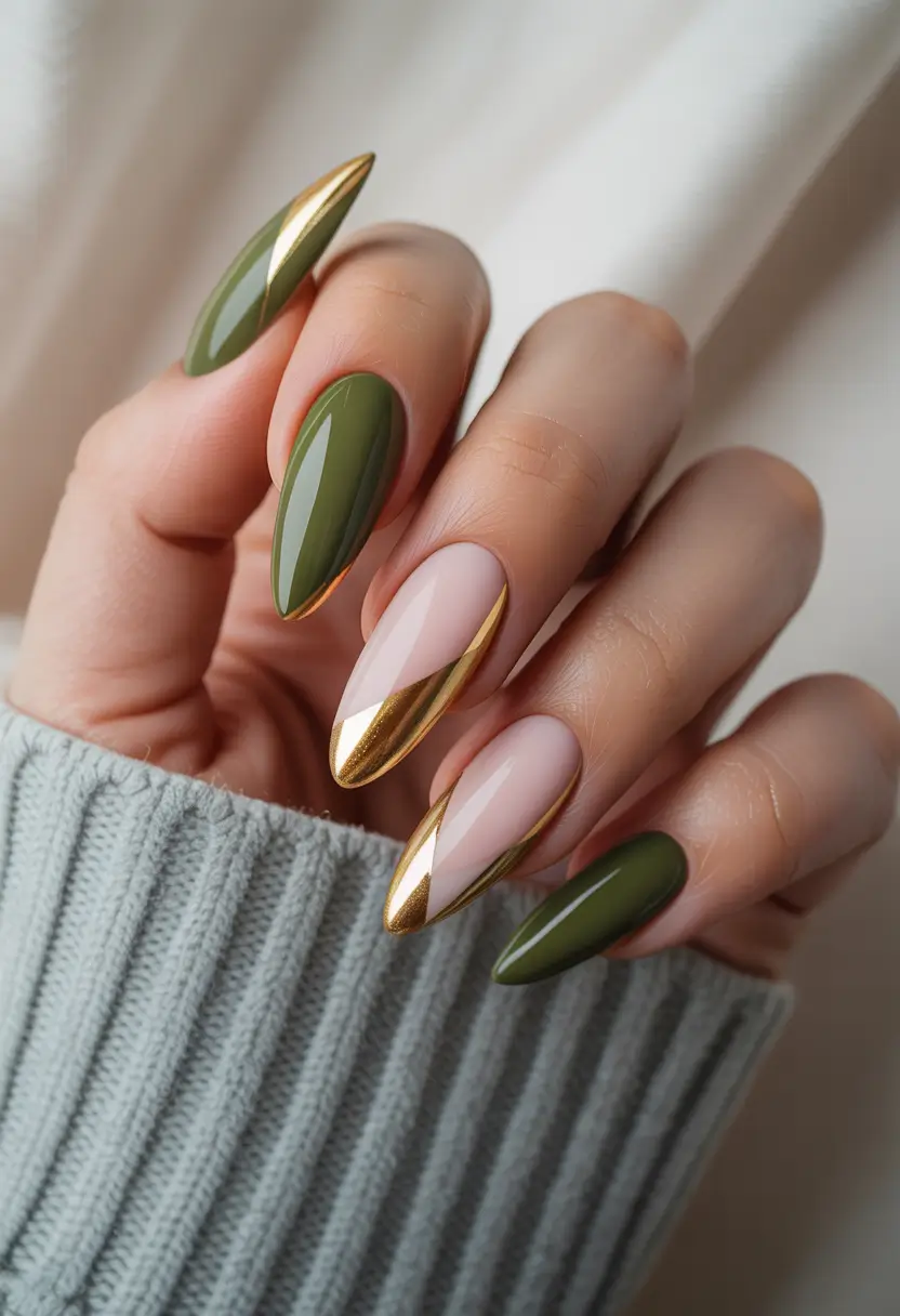 green nails 2026 Olive and Gold Almond Tips With Modern Sharpness