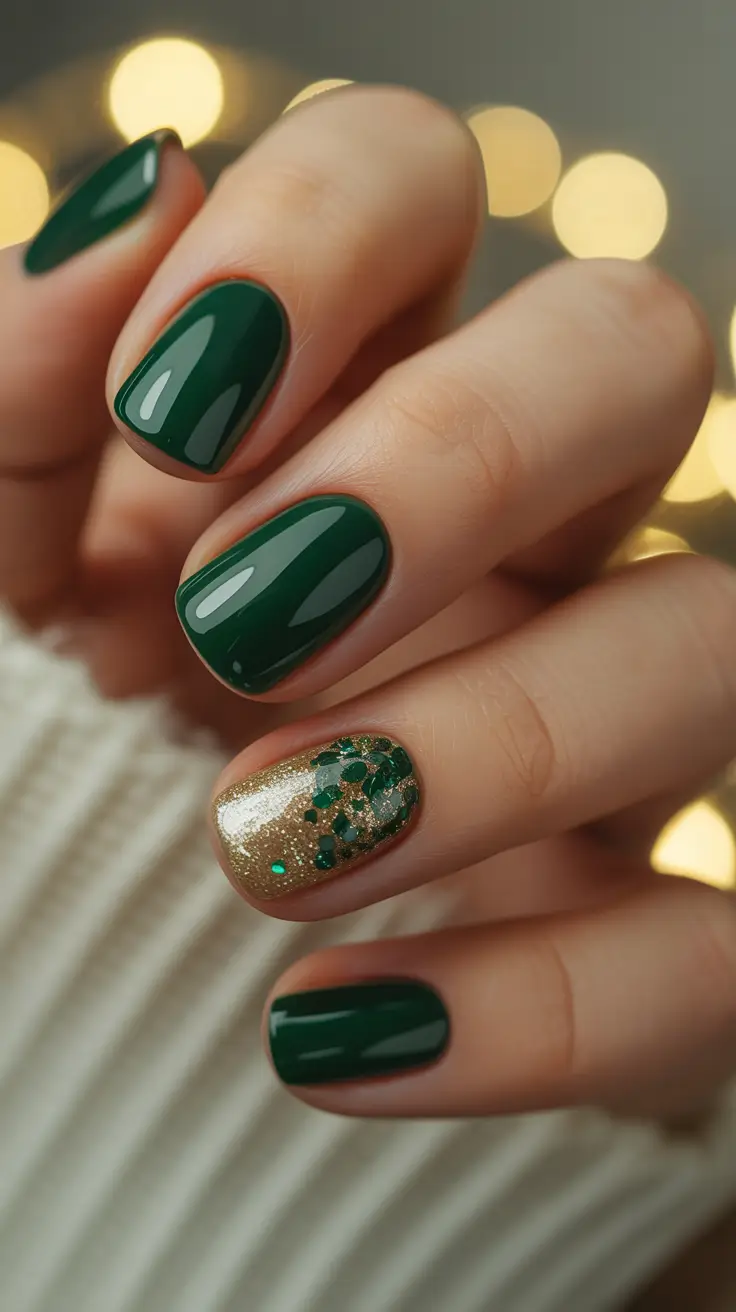 green nails 2026 Holiday Green and Gold Accents With Sparkle