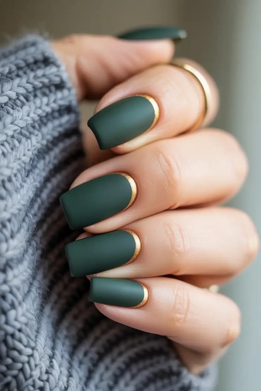 green nails 2026 Matte Deep Green With Golden Half Moon Glow