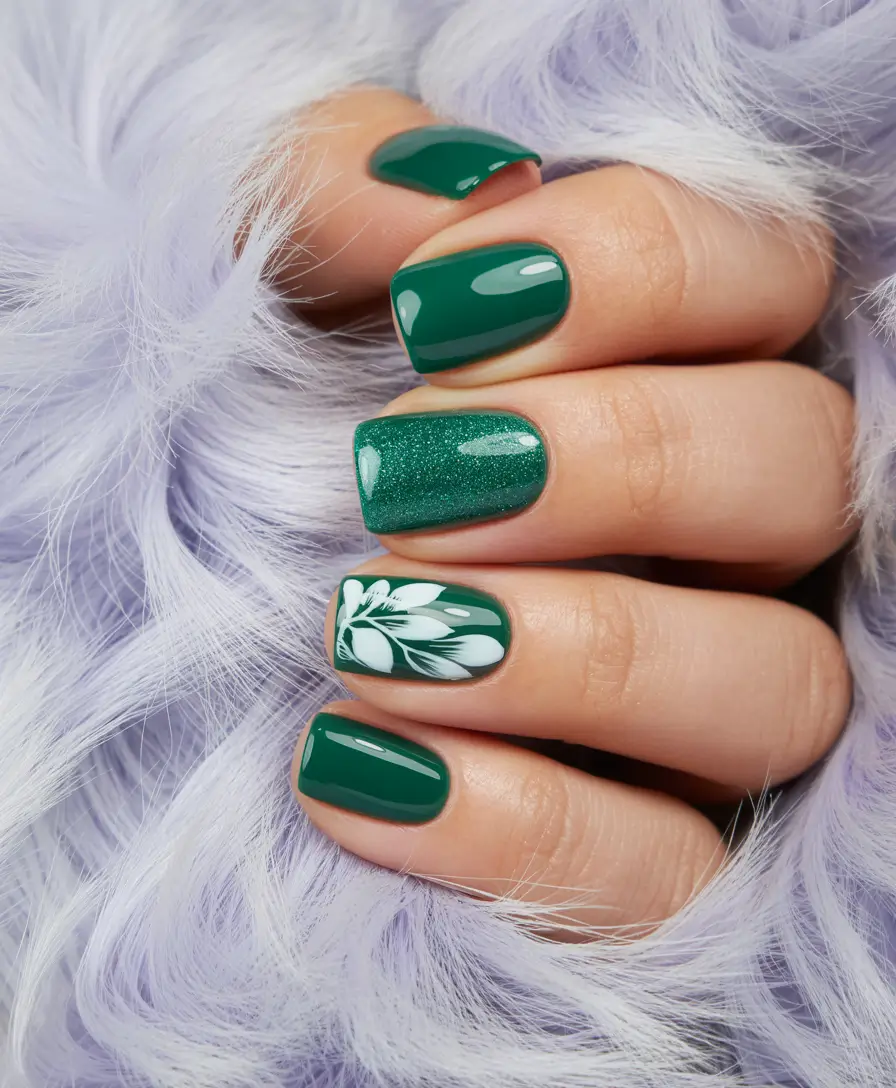 green nails 2026 Green Florals with Shimmer and Soft Squared Edges