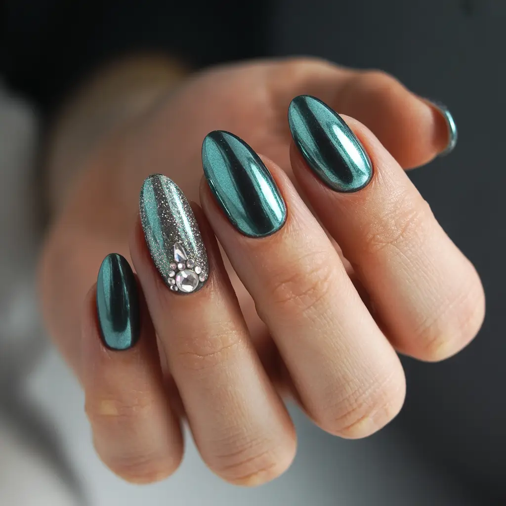green nails 2026 Chrome Teal Almond Nails with Crystal Accents