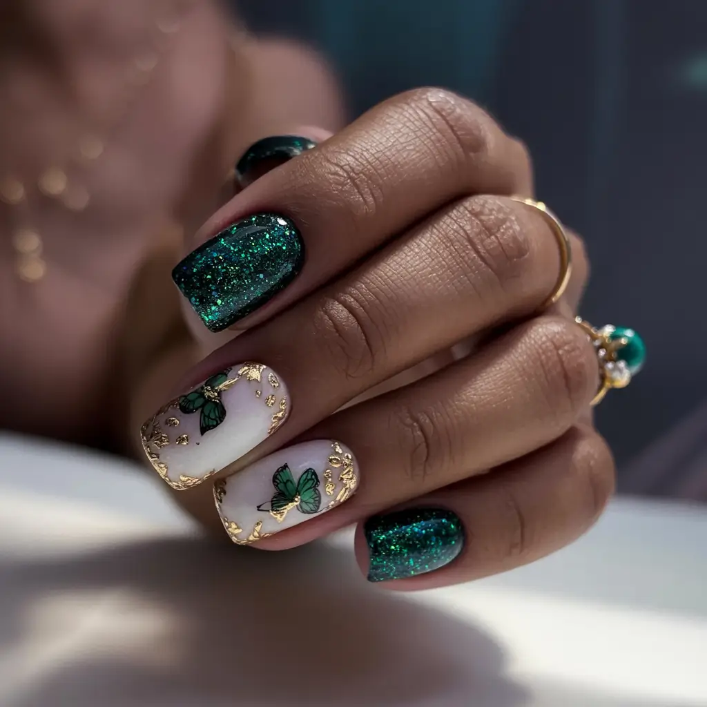 green nails 2026 Emerald Glitter & Butterfly Accents for the Dreamers