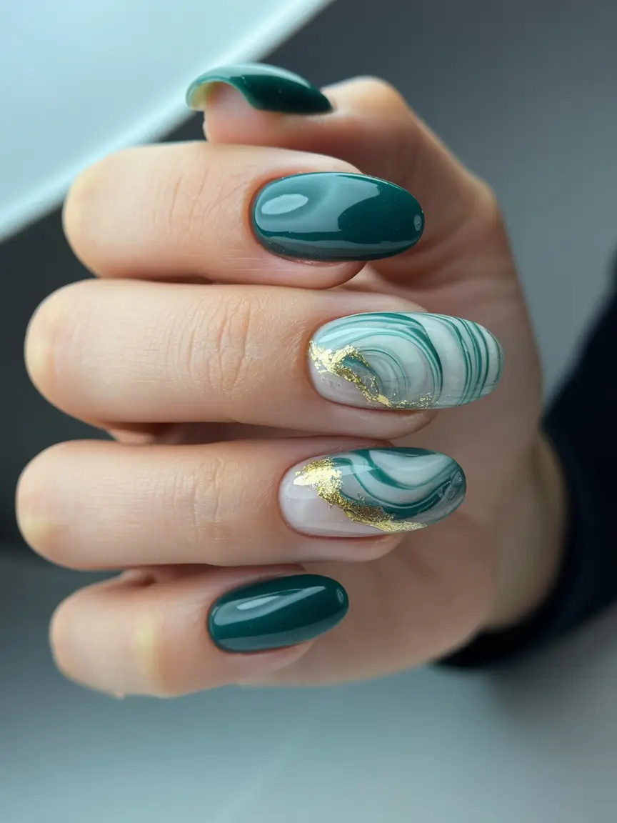 green nails 2026 Marbled Teal and Gold Accents with Soft Shape