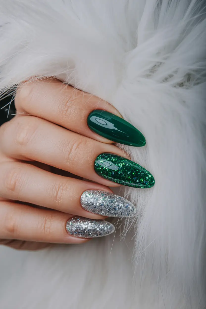 green nails 2026 Emerald and Silver Glitter Mix for High Shine Winter Energy