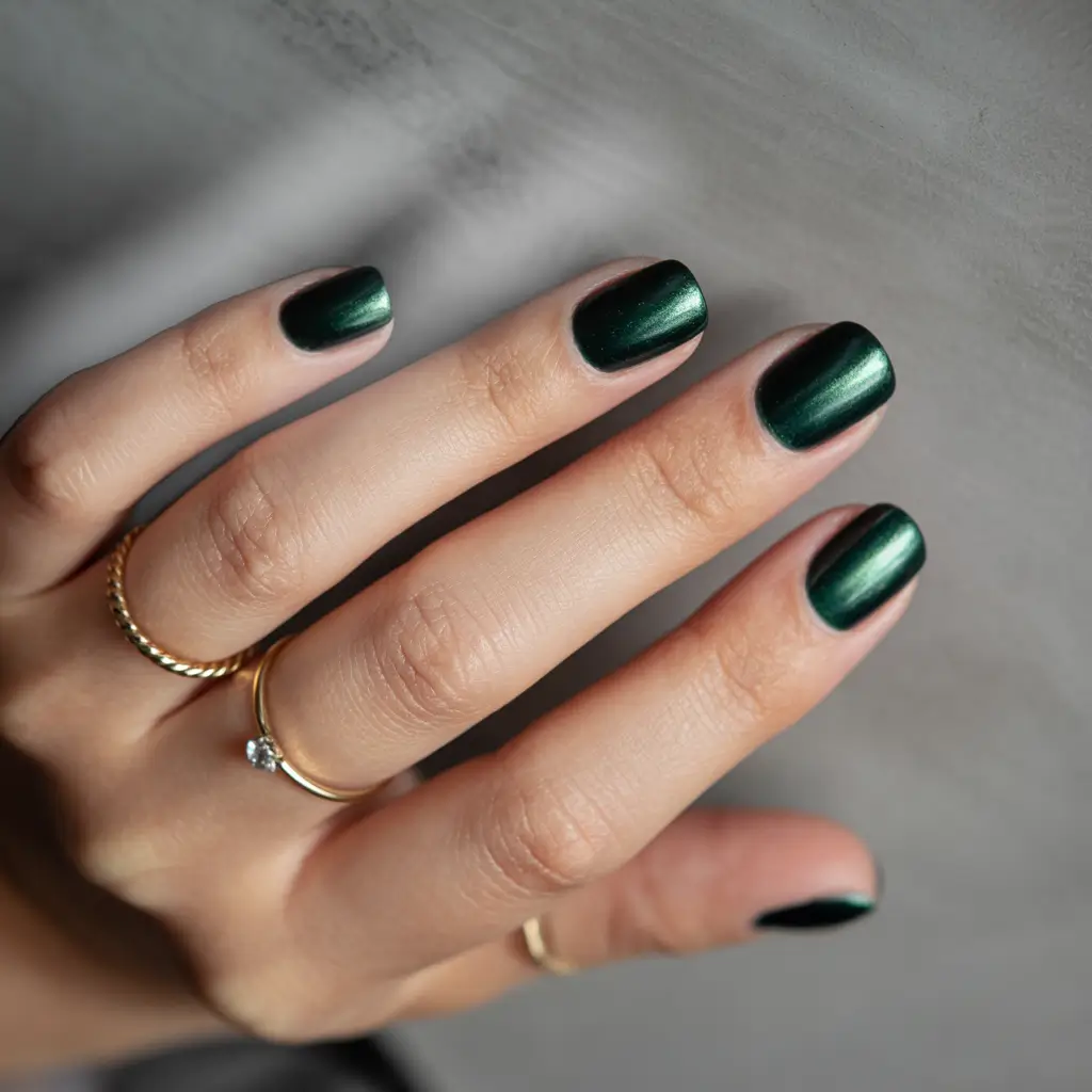 green nails 2026 Short Midnight Green with a Soft Satin Finish