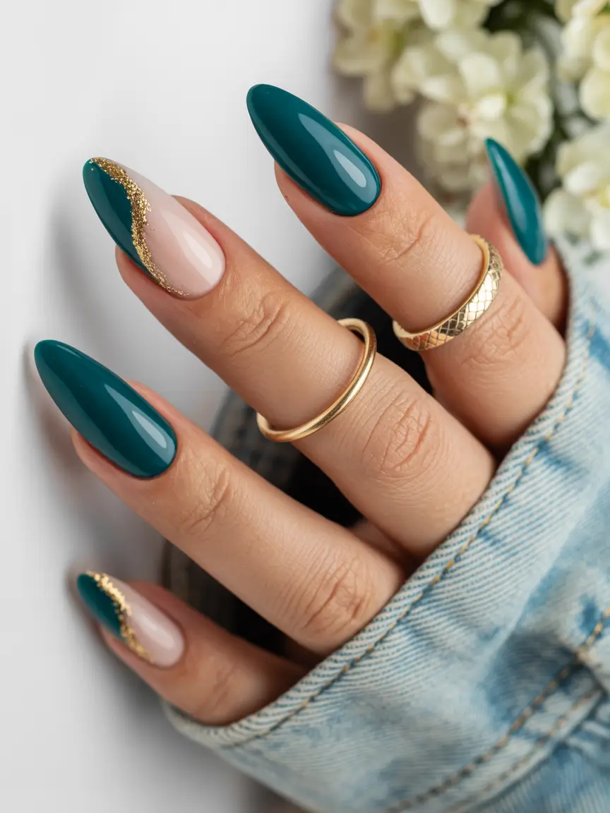 green nails 2026 Teal Drama with Gold Waves