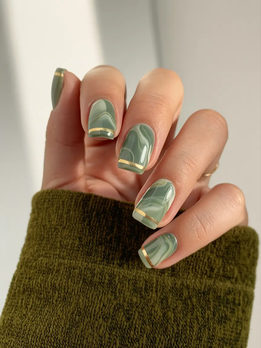 green nails 2026 Marbled Sage with Gold Accents