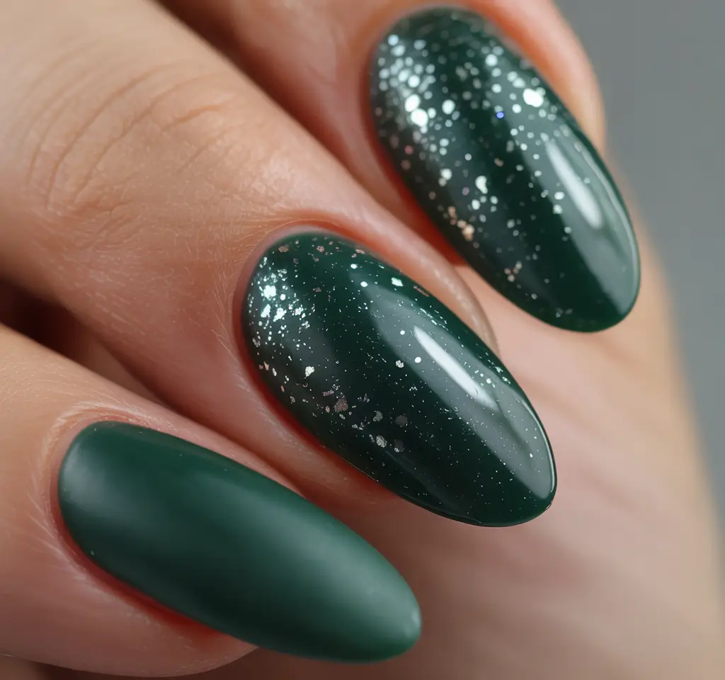 green nails 2026 Deep Evergreen Sparkle for Nighttime Moments