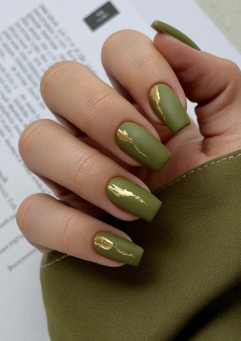 green nails 2026 Olive Matte with Gold Leaf Trails