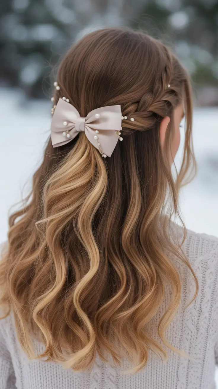 half up half down hairstyles Romantic Braided Waves with Bow