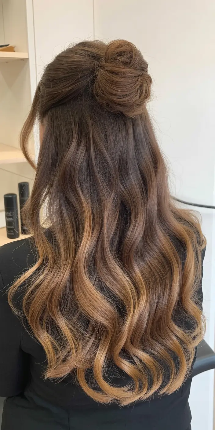 half up half down hairstyles Twisted Bun with Flowing Waves