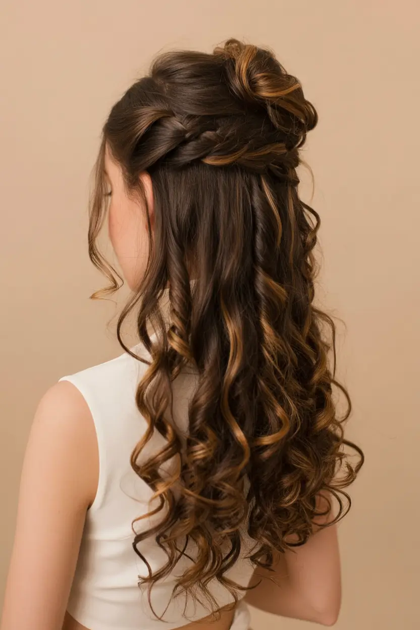 half up half down hairstyles Braided Crown with Loose Curls