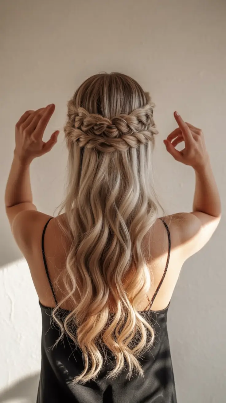 half up half down hairstyles Golden Double Braid Halo