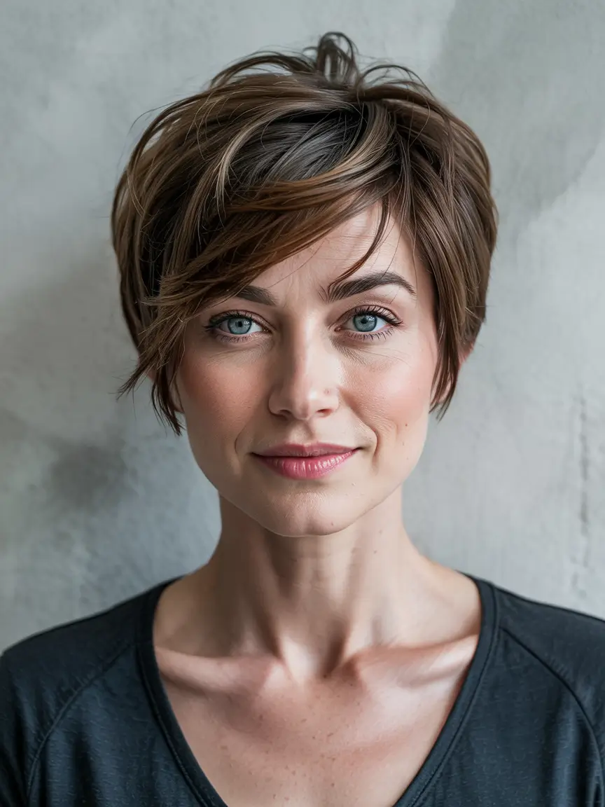 asymmetrical pixie trends 2026 Soft Chestnut Pixie Volume