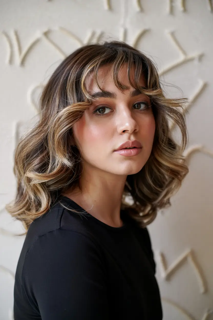 haircuts for wavy hair with bangs Blended Highlights With Curtain Bangs