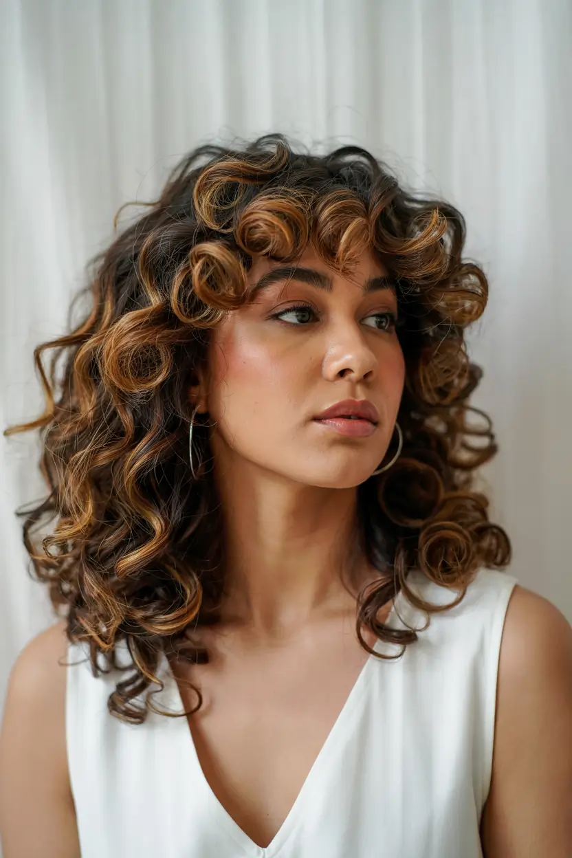 layered haircuts for medium hair Soft Spiral Layers with Golden Dimension