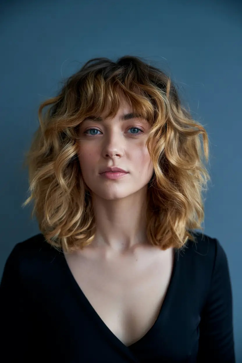 layered haircuts medium Golden Mid Layers with Soft Bangs