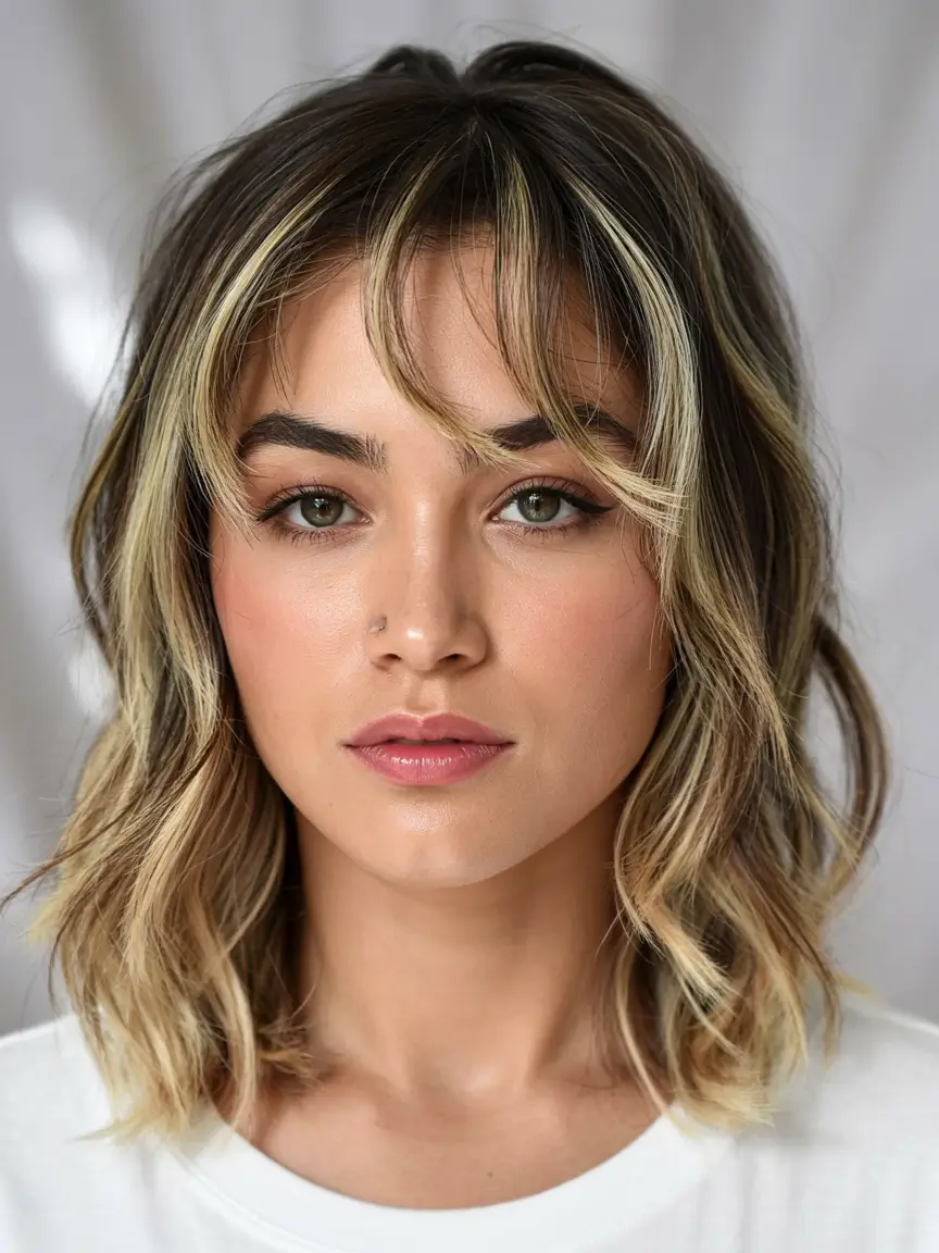 layered haircuts with bangs Soft Blonde Layers with Curtain Bangs