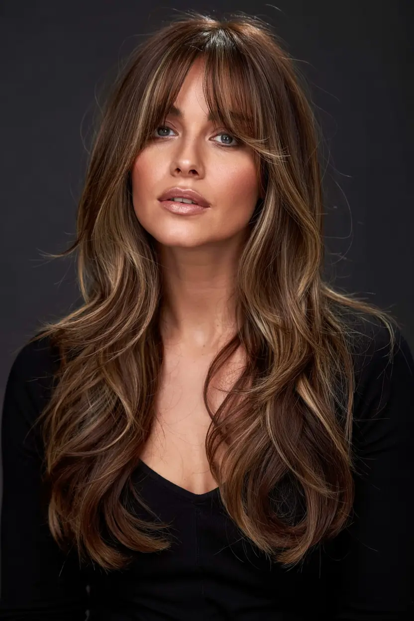 layered haircuts long hair Long Layered Glam with Curtain Bangs