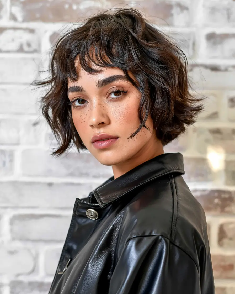layered haircuts short hair Messy Short Bob with Micro Bangs
