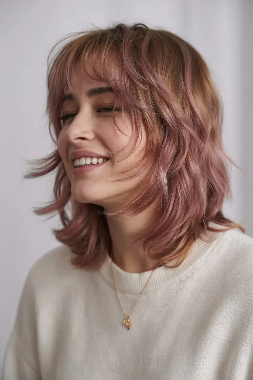layered haircuts with bangs Rosy Shag with Airy Bangs