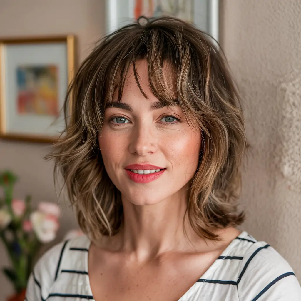 layered haircuts medium length Soft Shag with Face-Framing Bangs