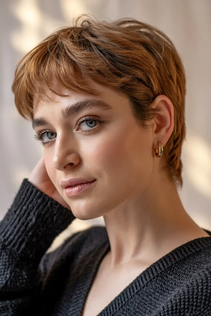 layered haircuts short Modern Pixie with Copper Tones