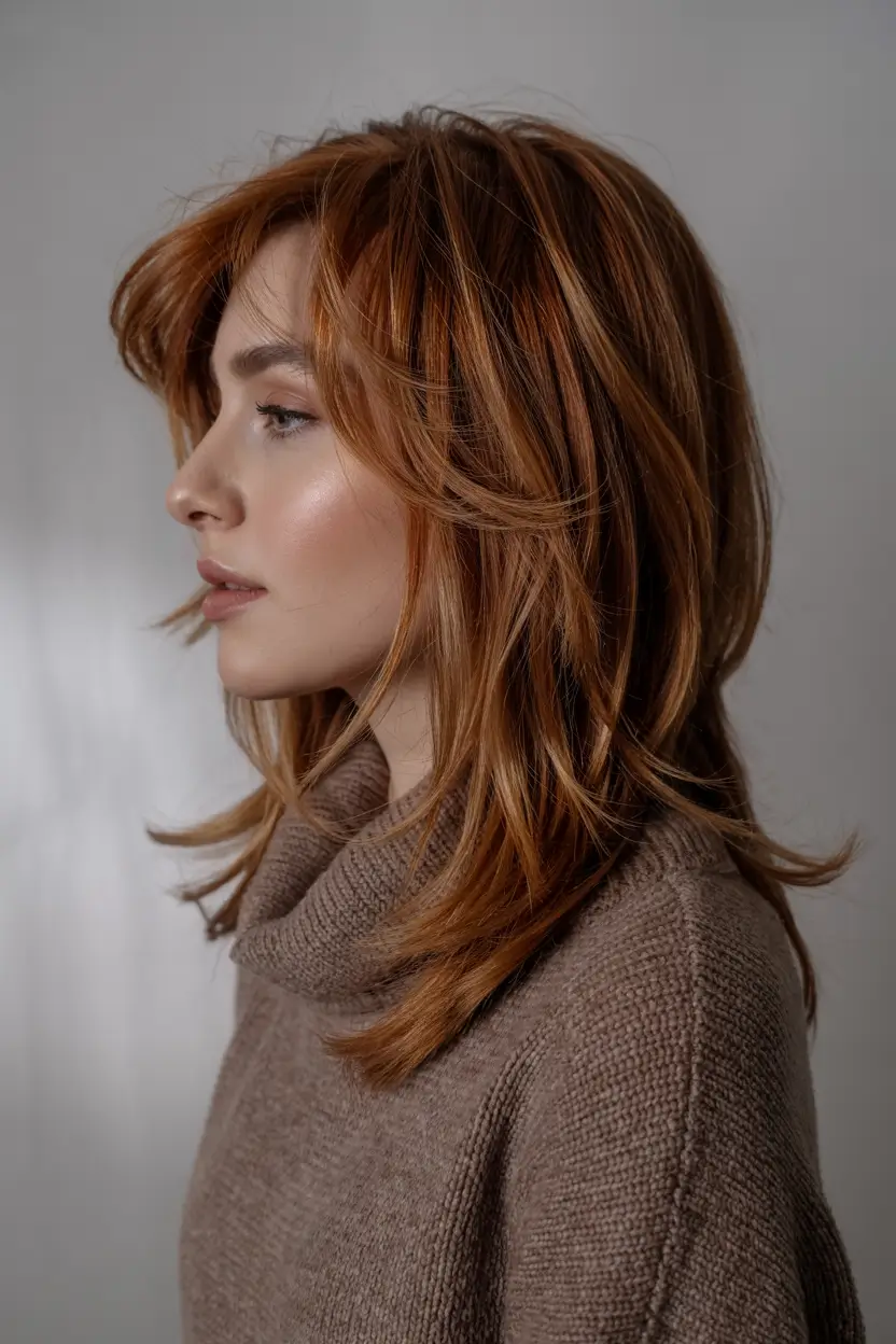lob haircut with bangs Soft Copper Layers With Side Bangs