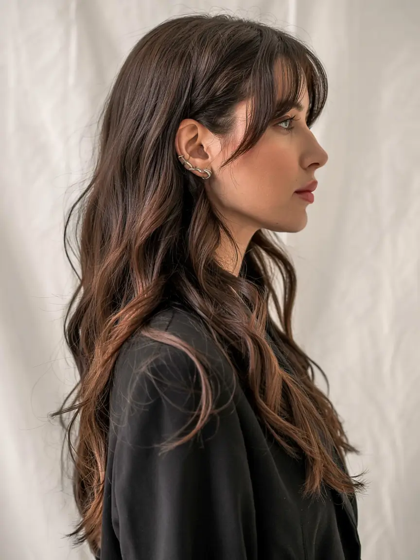 haircuts for long hair oval face Deep Chocolate Layers with Side Sweep Elegance