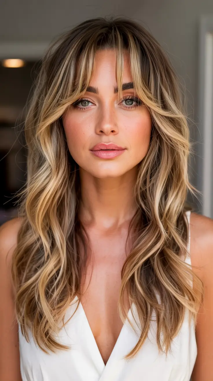 haircuts for long hair curtain bangs Layered Blonde Waves with Modern Butterfly Movement