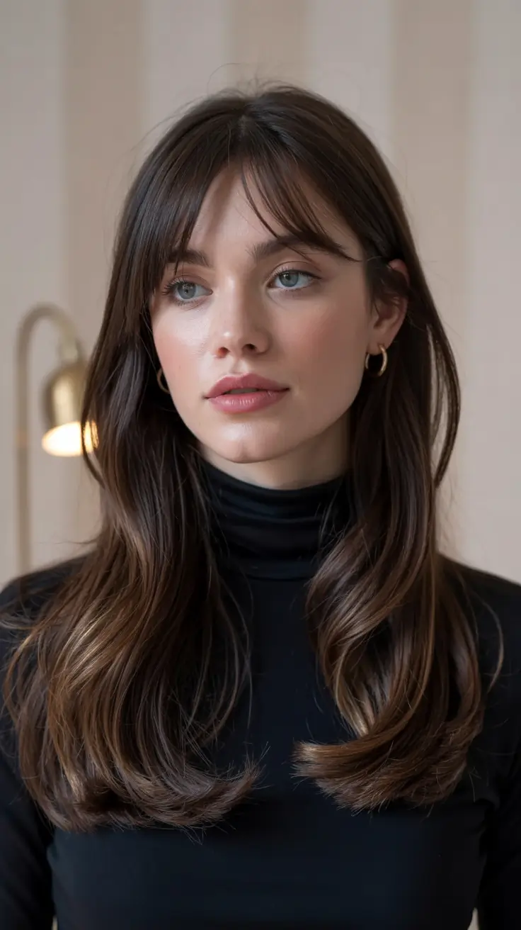 haircuts for long hair curtain bangs Glossy Brown Layers with Modern Curtain Bangs