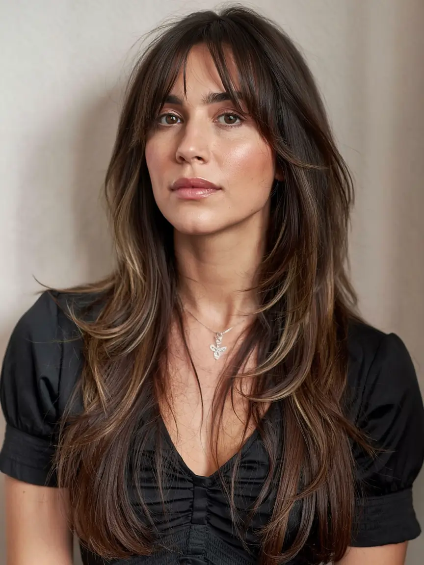 haircuts for long hair curtain bangs Bronzed Layers with Modern Curtain Bangs