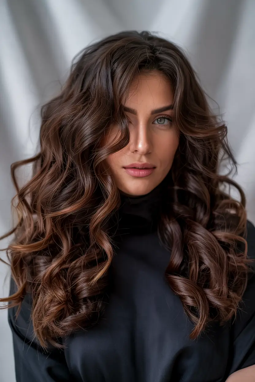 haircuts for long hair with bangs Voluminous Chocolate Curls with Luxe Dimension