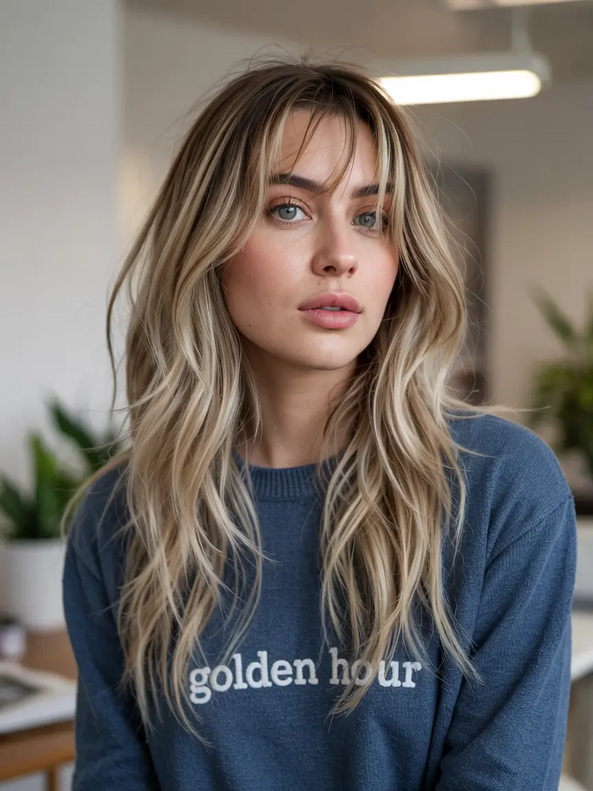 haircuts for long hair curtain bangs Golden Blonde with 70s Curtain Bangs
