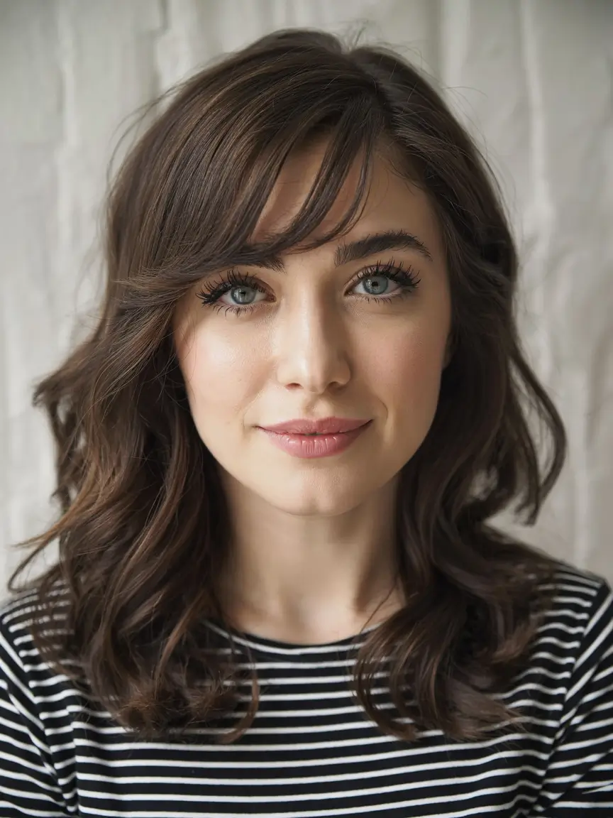 mid length haircut for thick hair Classic Soft Curls With Side Bangs
