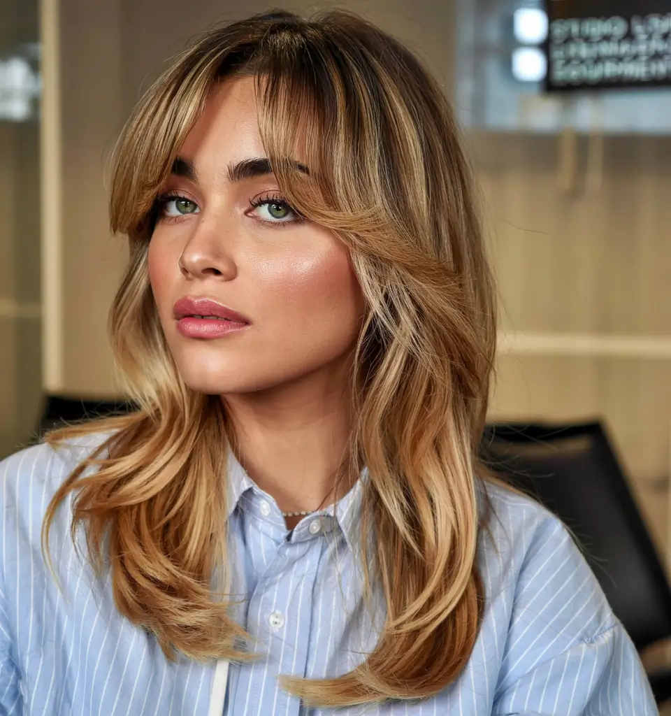 mid length haircut with bangs Layered Honey Blonde Cut With Curtain Bangs