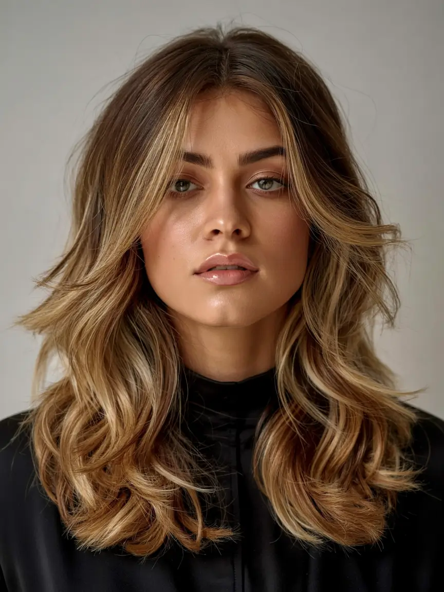 mid length haircut for thick hair Golden Layered Waves With Root Shadow