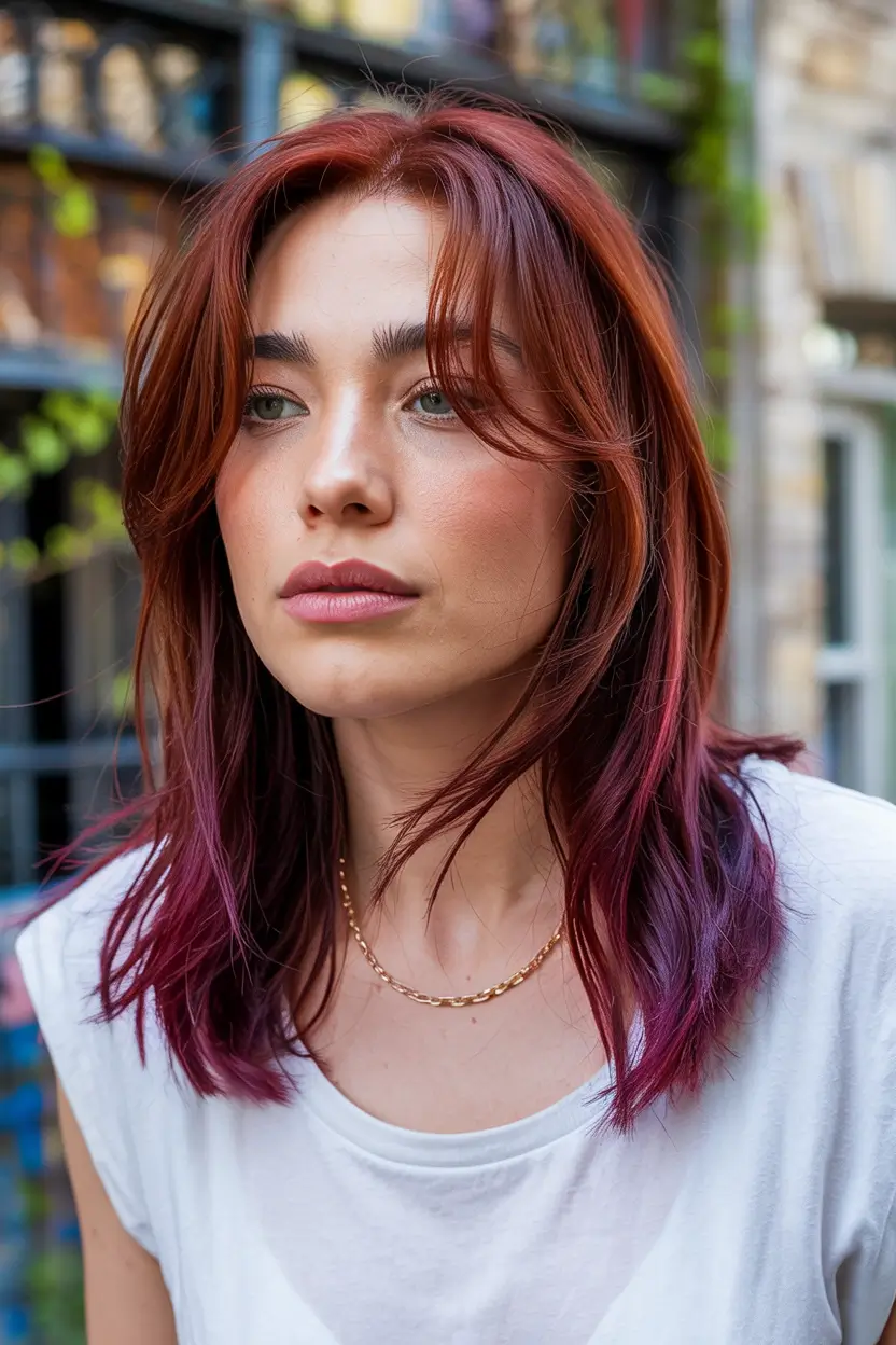 mid length haircut with layers Crimson And Plum Blend With Layered Volume