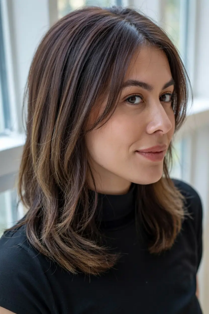 mid length haircut for round face Chocolate Brown Layers With Gentle Framing