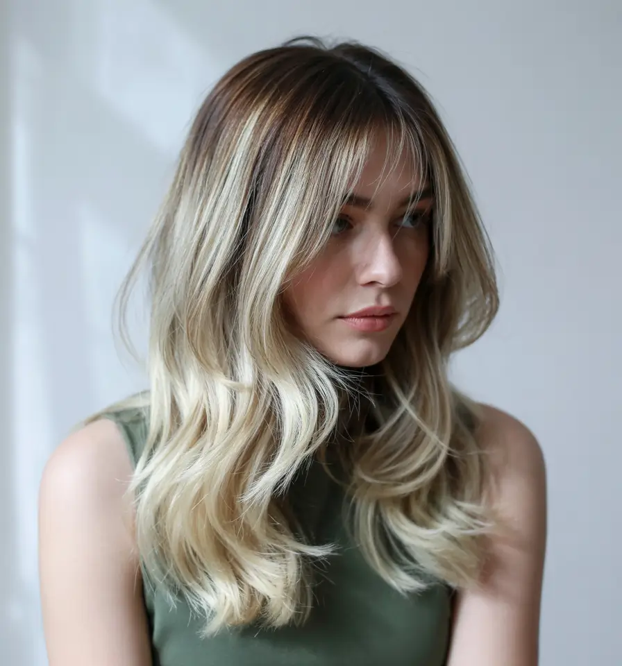 mid length haircut with bangs Dimensional Blonde Waves With Curtain Bangs
