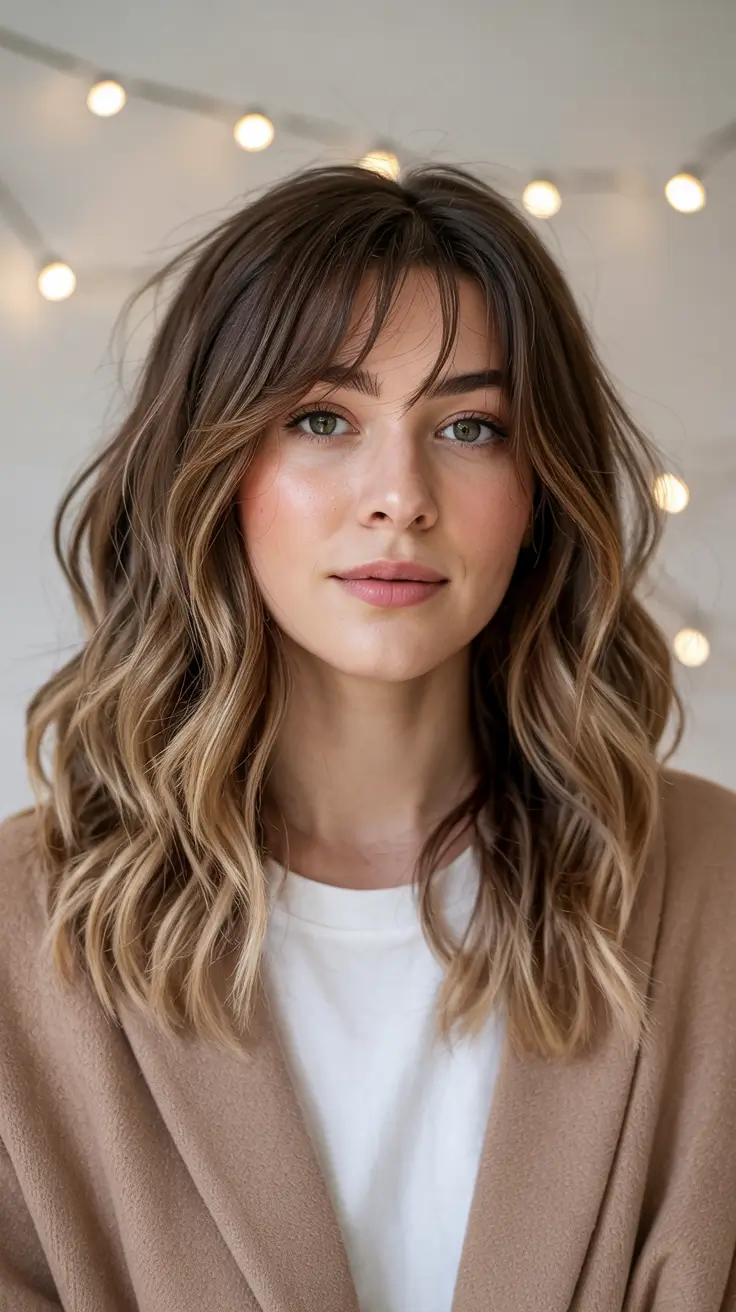 mid length haircut with bangs Soft Balayage Waves With Wispy Curtain Bangs