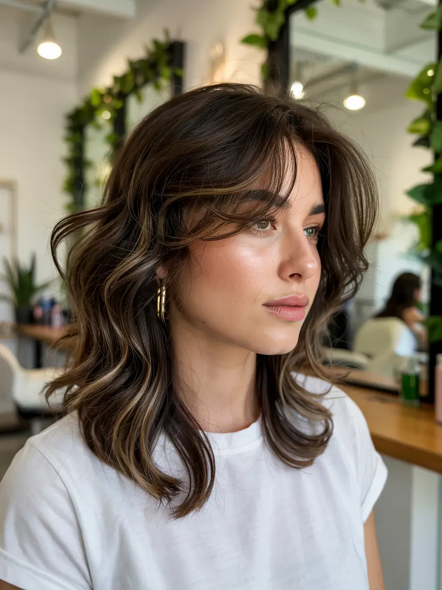 mid length haircut for thick hair Glossy Brunette Layers With Natural Lift