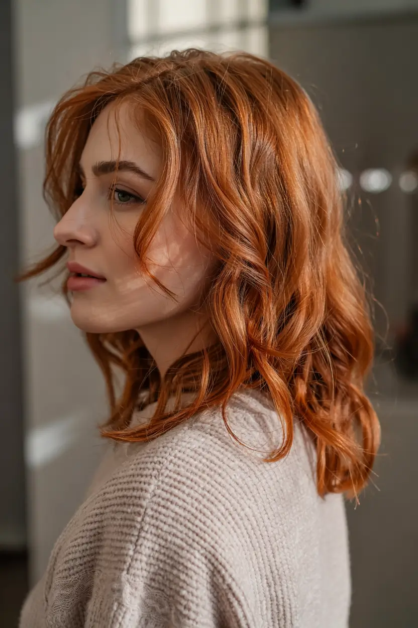 mid length haircut for thick hair Soft Copper Glow With Subtle Waves