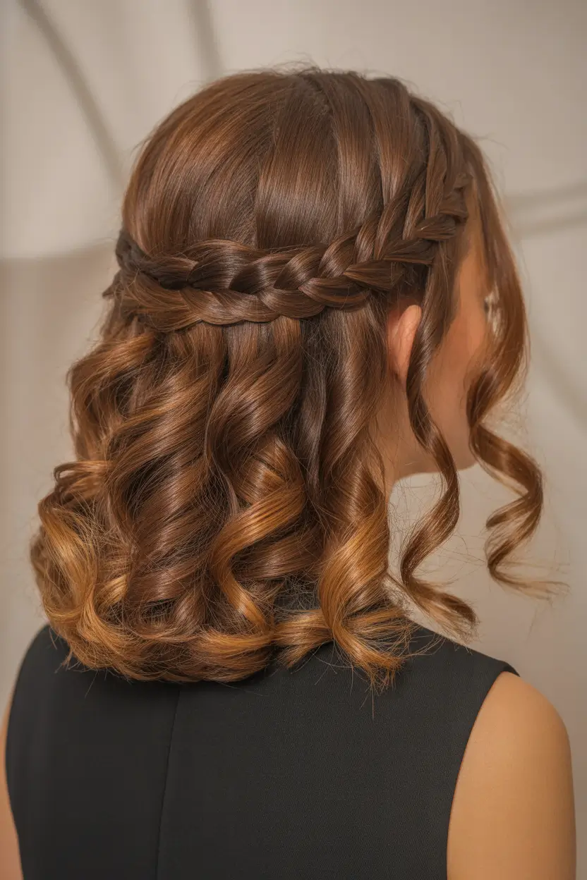 Modern wavy hairstyles 2026 Braided Crown Waves with Copper Accents
